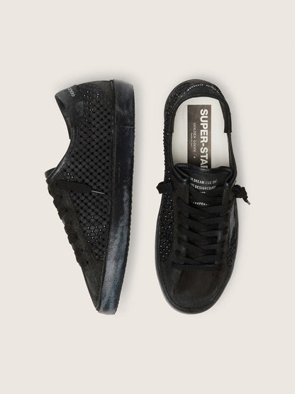 Golden Goose Womens Super-Star Ltd In Perforated Black Suede With Black Star And Crystals Womens
