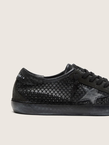 Golden Goose Womens Super-Star Ltd In Perforated Black Suede With Black Star And Crystals Womens