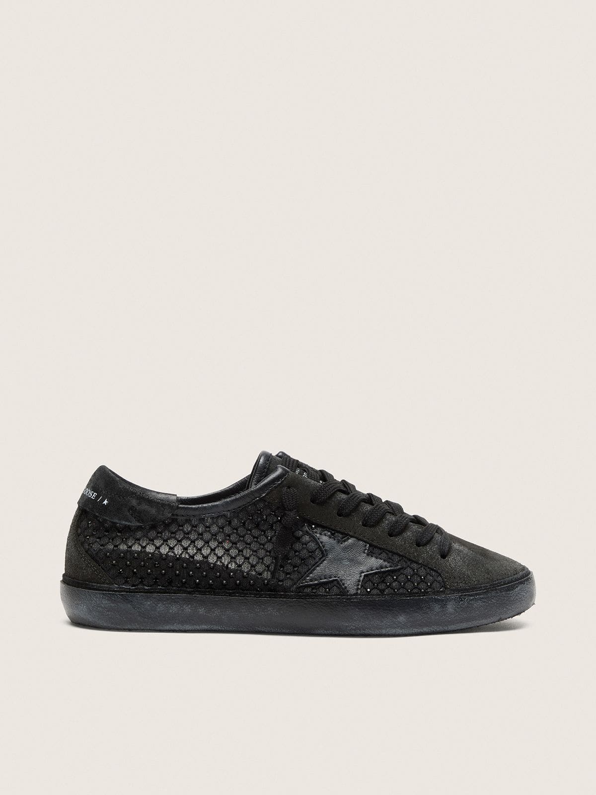 Golden Goose Womens Super-Star Ltd In Perforated Black Suede With Black Star And Crystals Womens