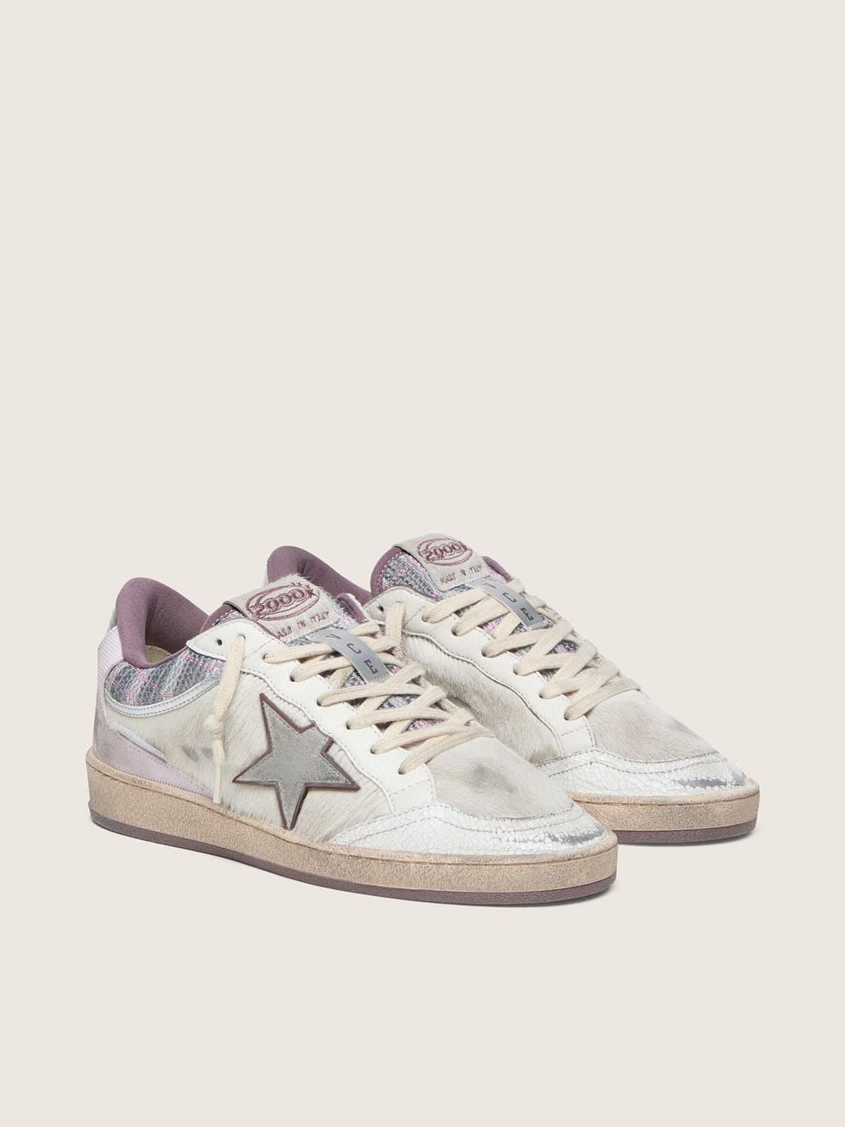 Golden Goose Womens Ball Star Lab In White Nylon And Pony Skin With Silver Star And Lilac Inserts Womens