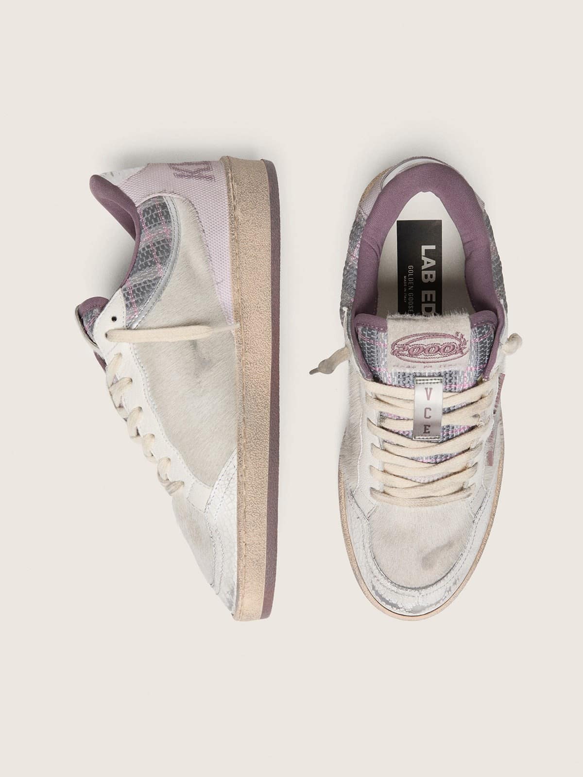 Golden Goose Womens Ball Star Lab In White Nylon And Pony Skin With Silver Star And Lilac Inserts Womens