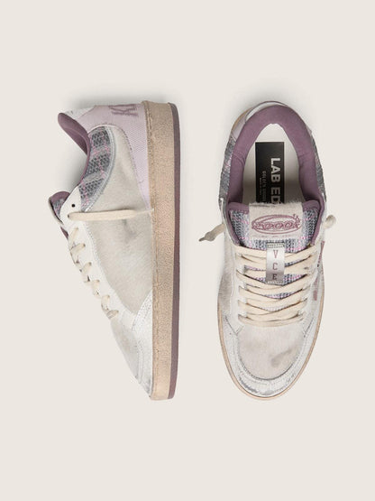 Golden Goose Womens Ball Star Lab In White Nylon And Pony Skin With Silver Star And Lilac Inserts Womens