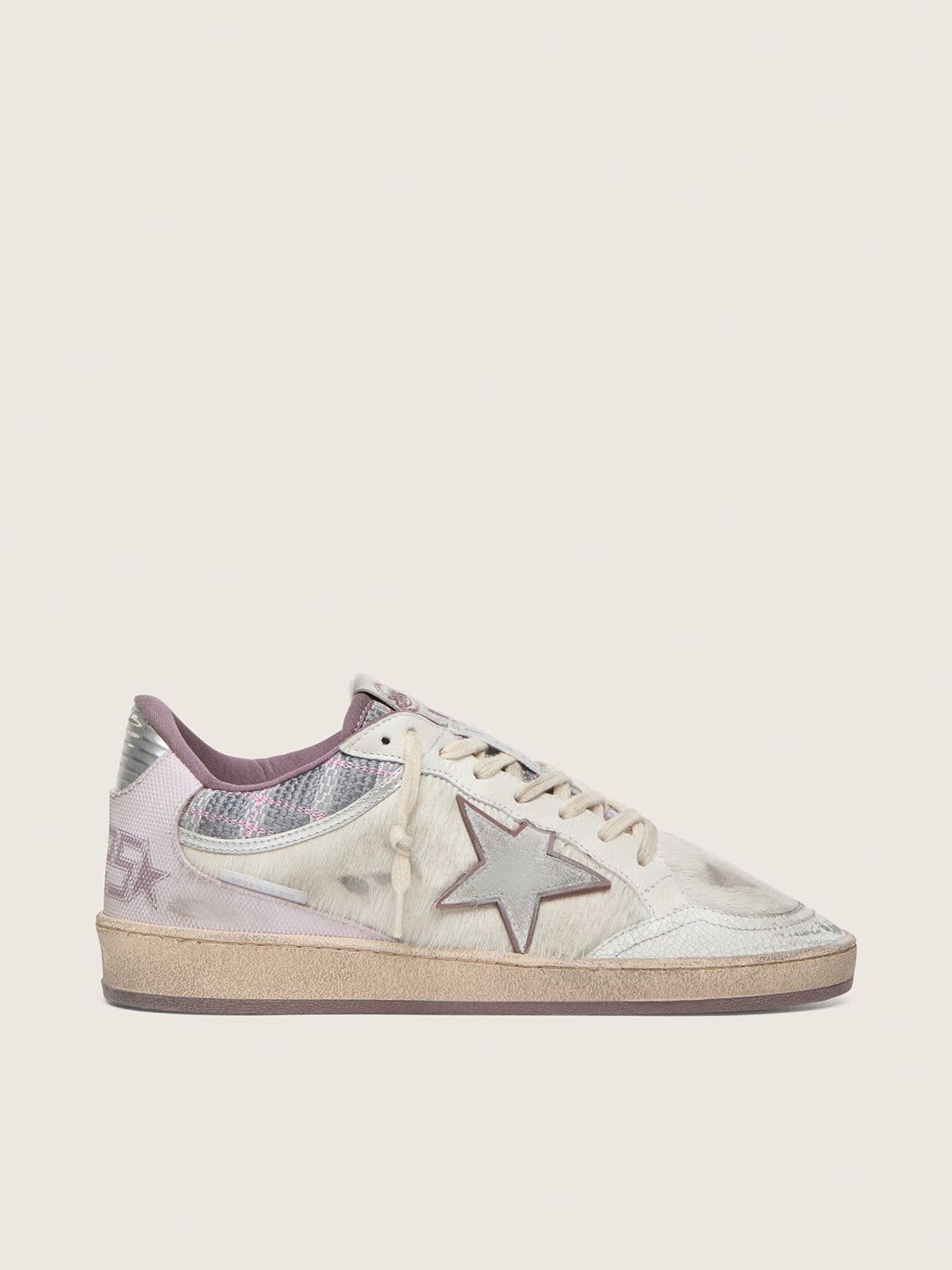 Golden Goose Womens Ball Star Lab In White Nylon And Pony Skin With Silver Star And Lilac Inserts Womens