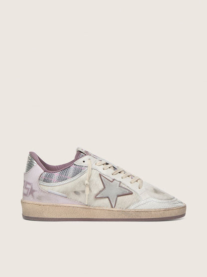 Golden Goose Womens Ball Star Lab In White Nylon And Pony Skin With Silver Star And Lilac Inserts Womens