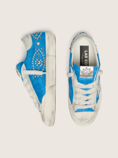 Golden Goose Womens Super-Star Lab In Bright Blue Pony Skin With Suede Star And Studs Womens