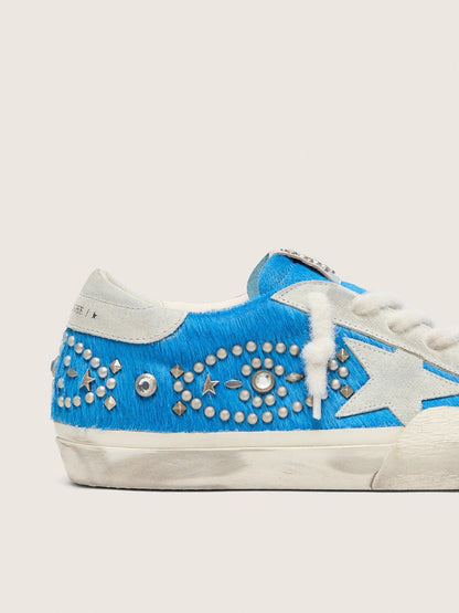 Golden Goose Womens Super-Star Lab In Bright Blue Pony Skin With Suede Star And Studs Womens