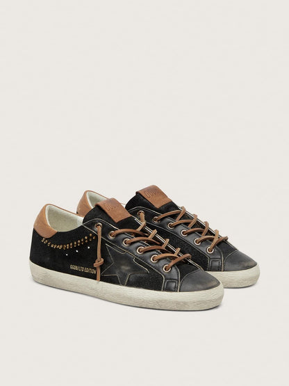 Golden Goose Womens Super-Star Ltd In Black Glitter Leather With Black Leather Star Womens