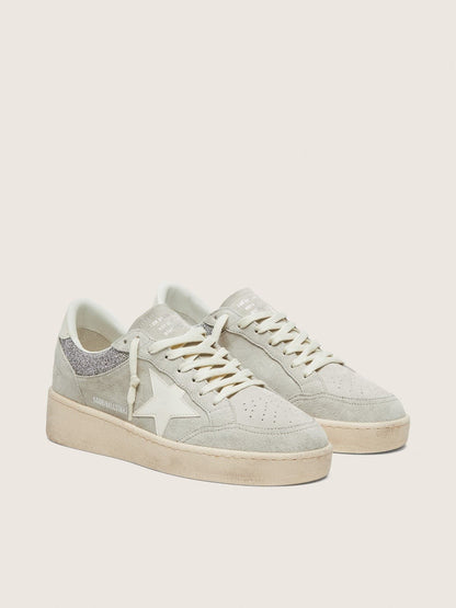 Golden Goose Womens Ball Star In Light Gray Suede With Star And Glitter Inserts Womens