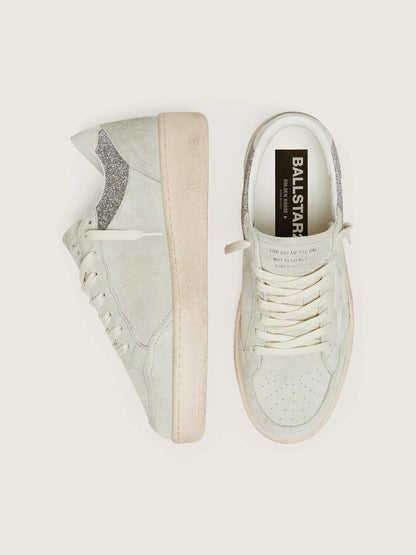 Golden Goose Womens Ball Star In Light Gray Suede With Star And Glitter Inserts Womens