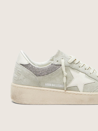 Golden Goose Womens Ball Star In Light Gray Suede With Star And Glitter Inserts Womens