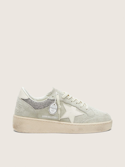 Golden Goose Womens Ball Star In Light Gray Suede With Star And Glitter Inserts Womens