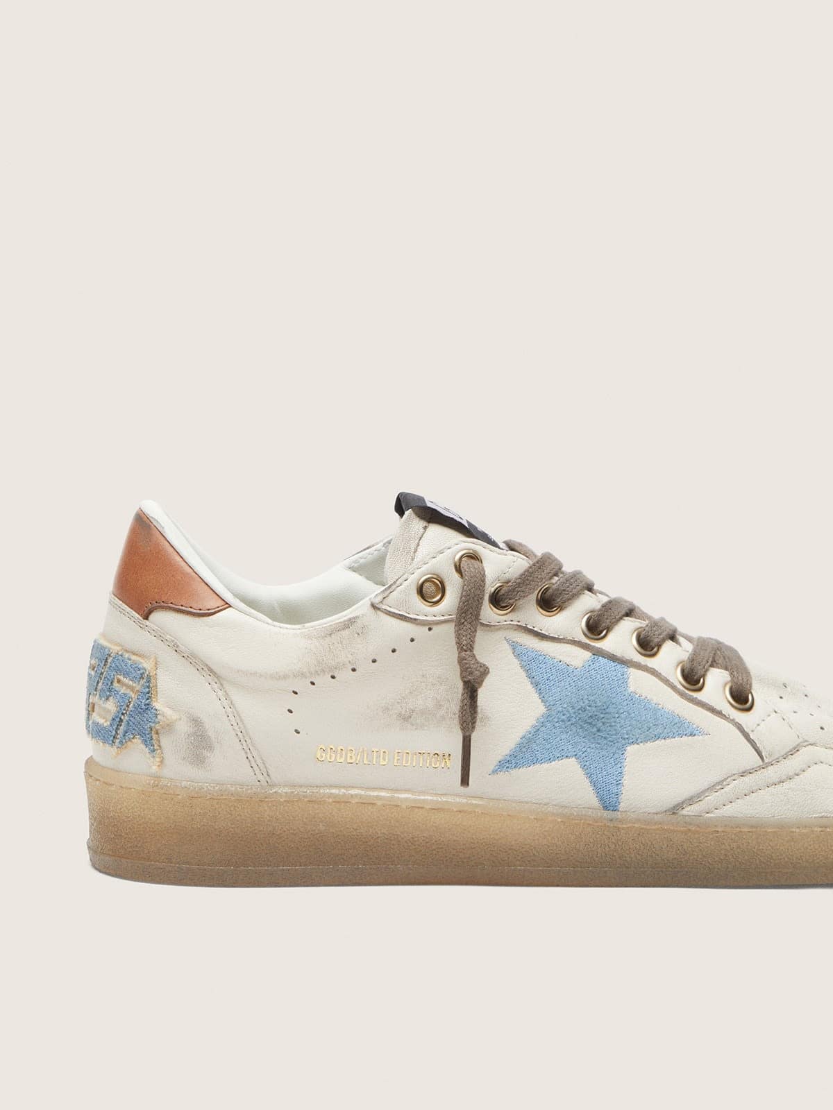 Golden Goose Womens Ball Star Ltd In White Leather With Light Blue Embroidered Star Womens