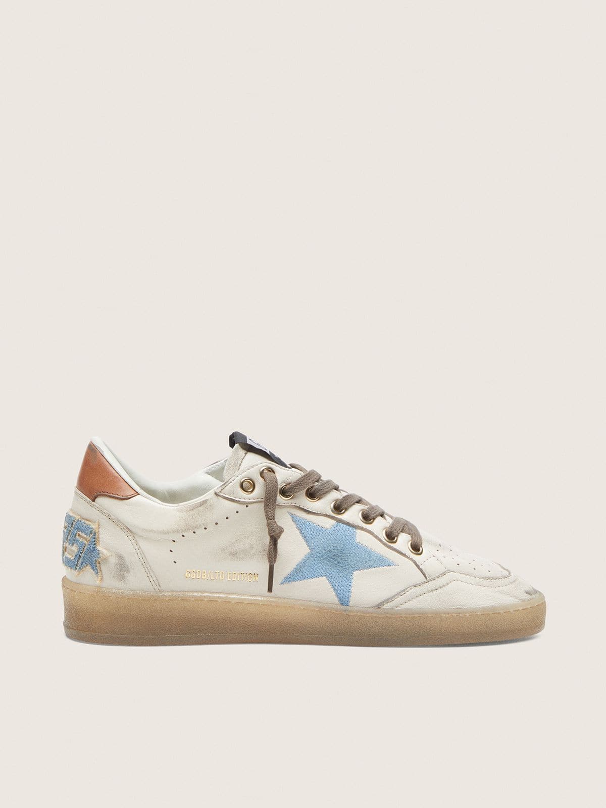 Golden Goose Womens Ball Star Ltd In White Leather With Light Blue Embroidered Star Womens