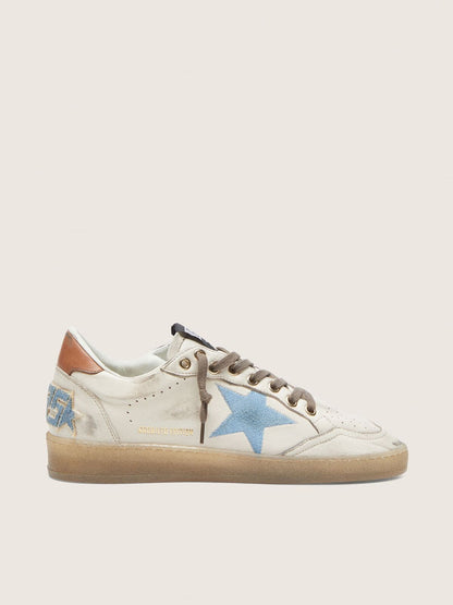 Golden Goose Womens Ball Star Ltd In White Leather With Light Blue Embroidered Star Womens