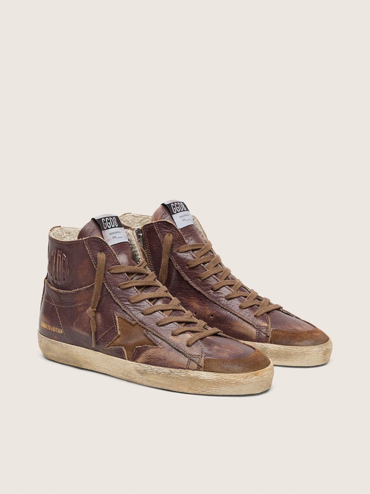 Golden Goose Womens Francy Ltd In Dark Brown Leather With Beige Star Womens