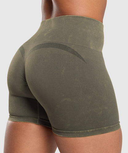 Women's Gymshark Gains Seamless Washed Shorts Strength Green