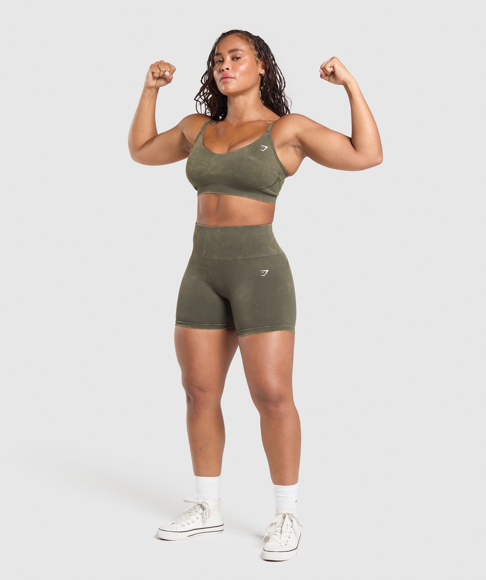 Women's Gymshark Gains Seamless Washed Shorts Strength Green