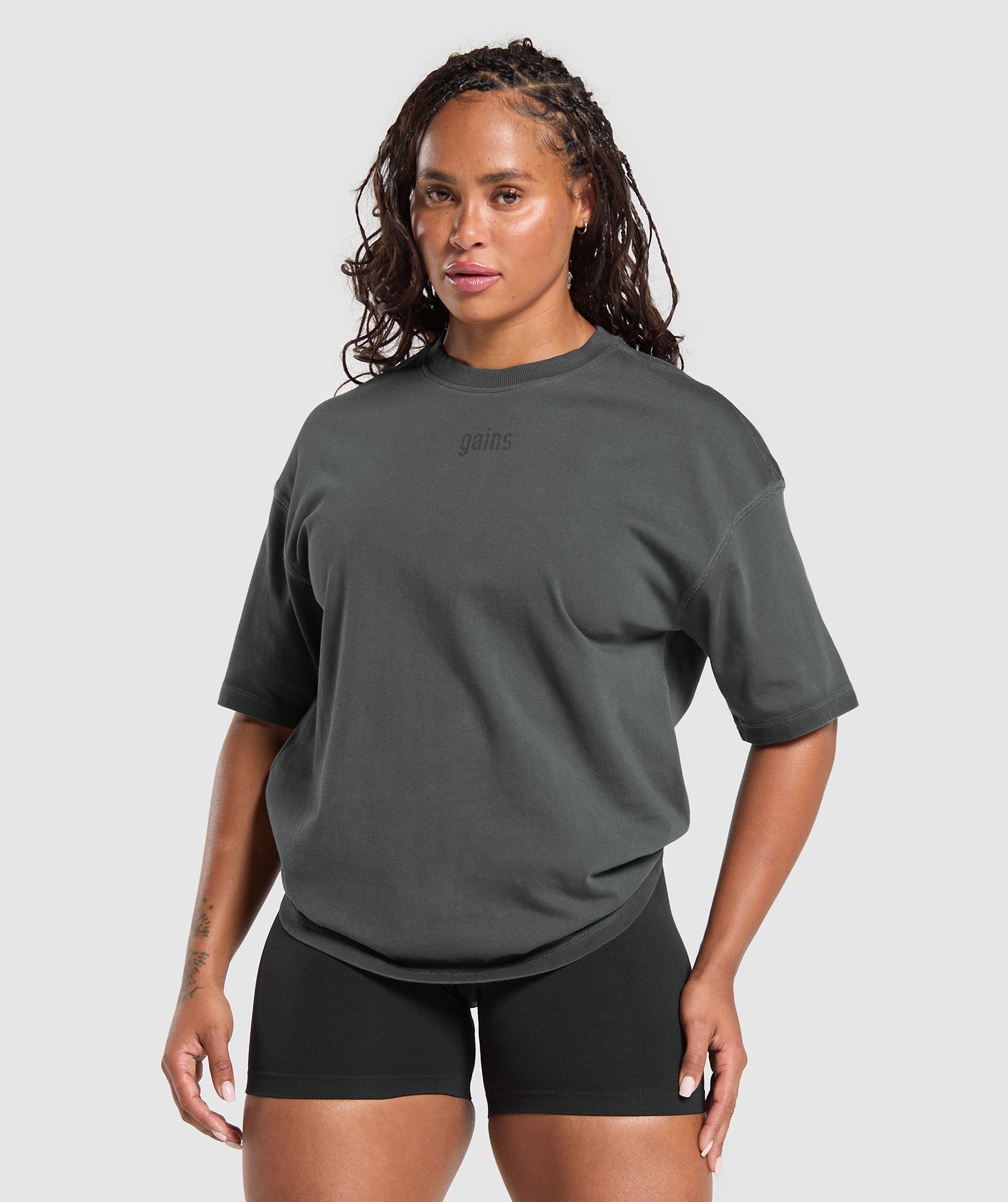 Women's Gymshark Gains Washed Heavyweight Cotton T-Shirt Asphalt Grey