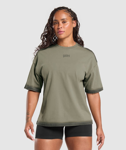 Women's Gymshark Gains Washed Heavyweight Cotton T-Shirt Base Green