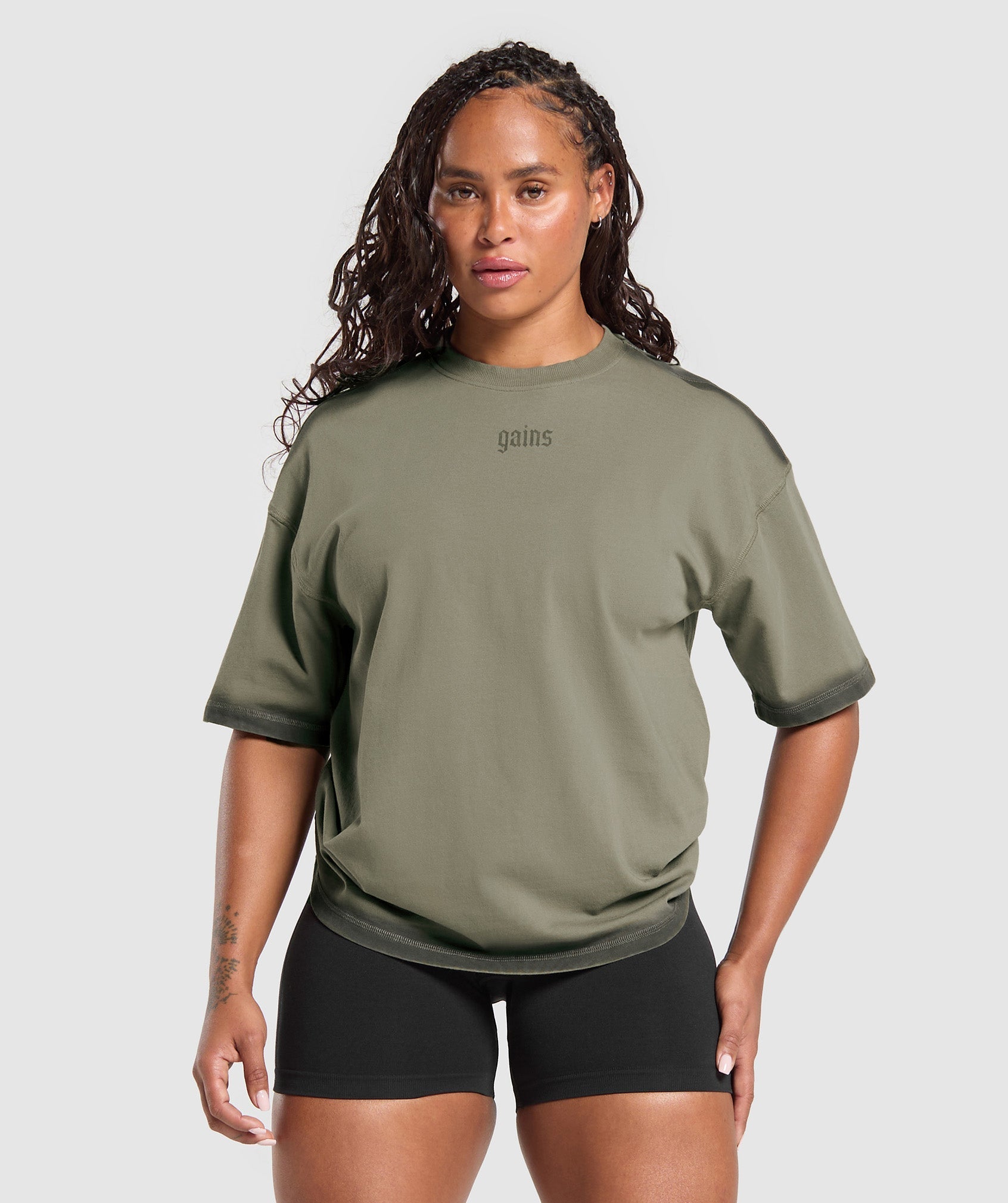 Women's Gymshark Gains Washed Heavyweight Cotton T-Shirt Base Green