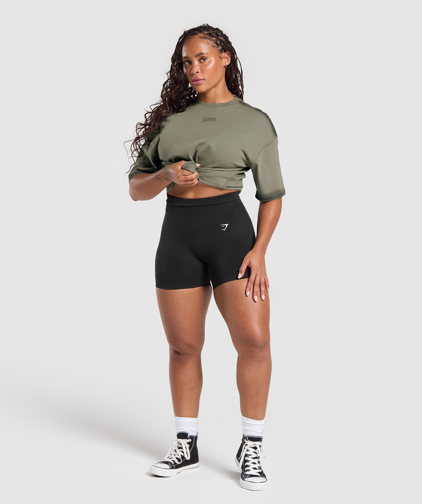 Women's Gymshark Gains Washed Heavyweight Cotton T-Shirt Base Green