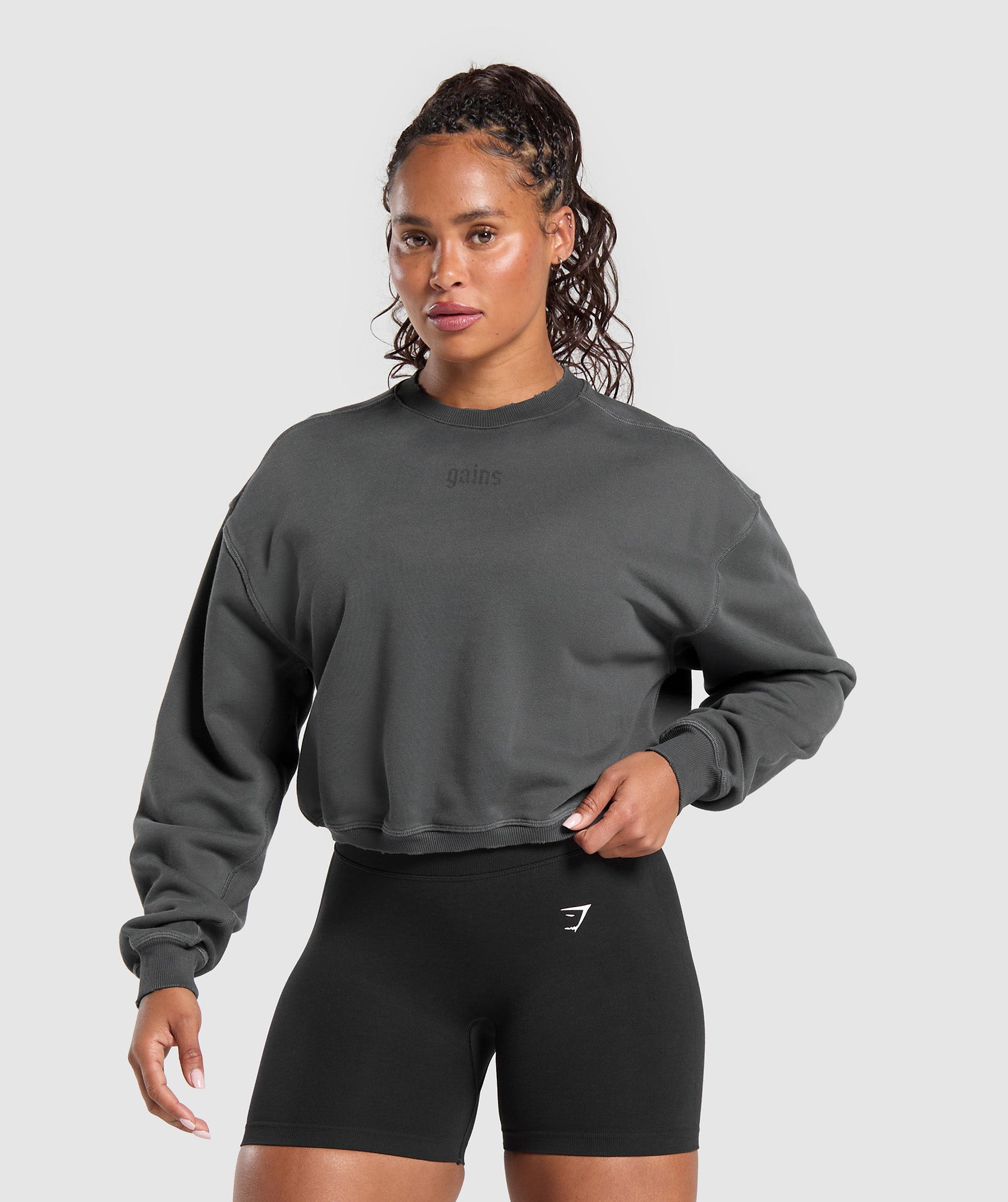 Women's Gymshark Gains Washed Loopback Crew Neck Asphalt Grey