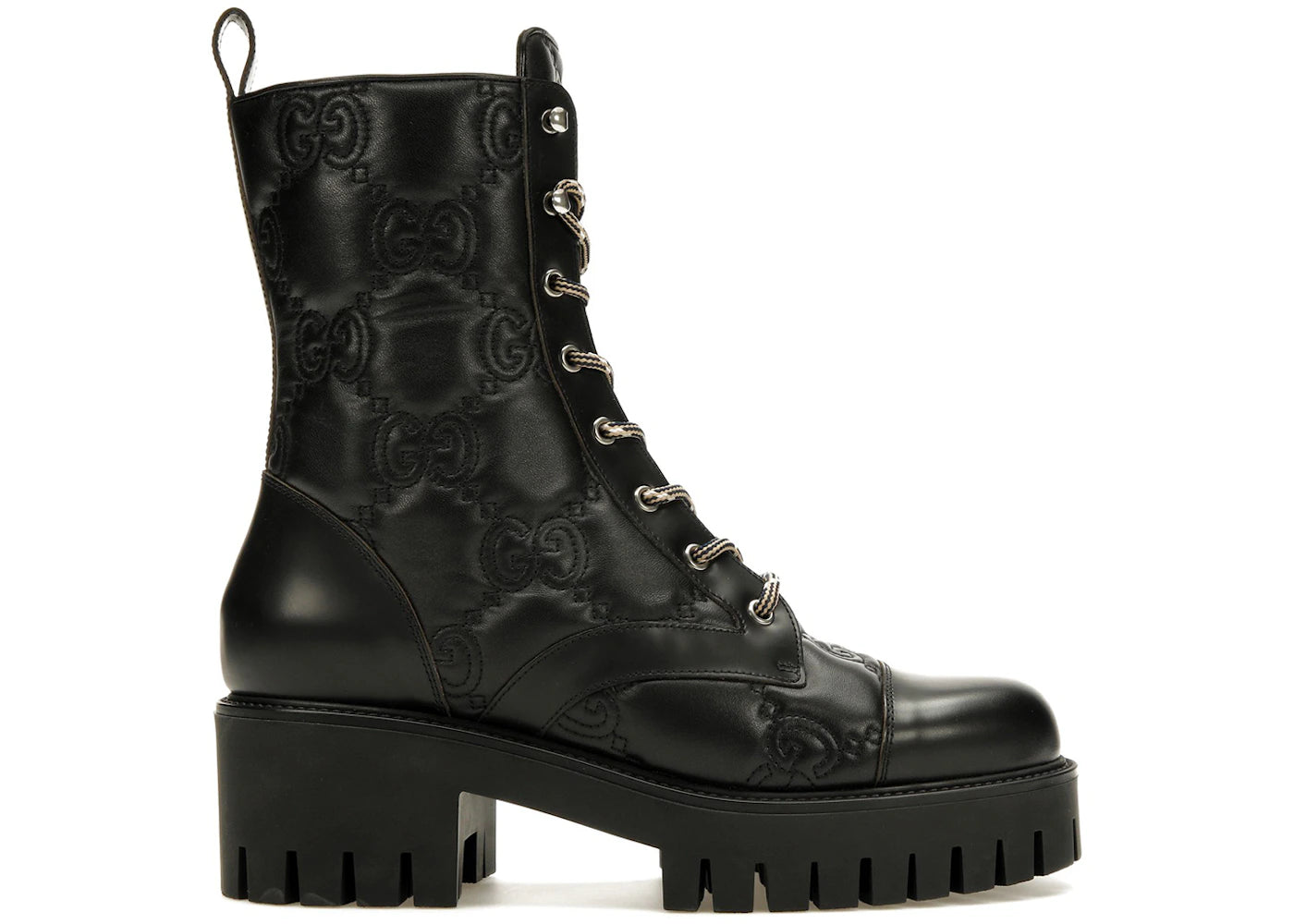 Gucci Gg 70Mm Quilted Lace Up Boots Black Leather