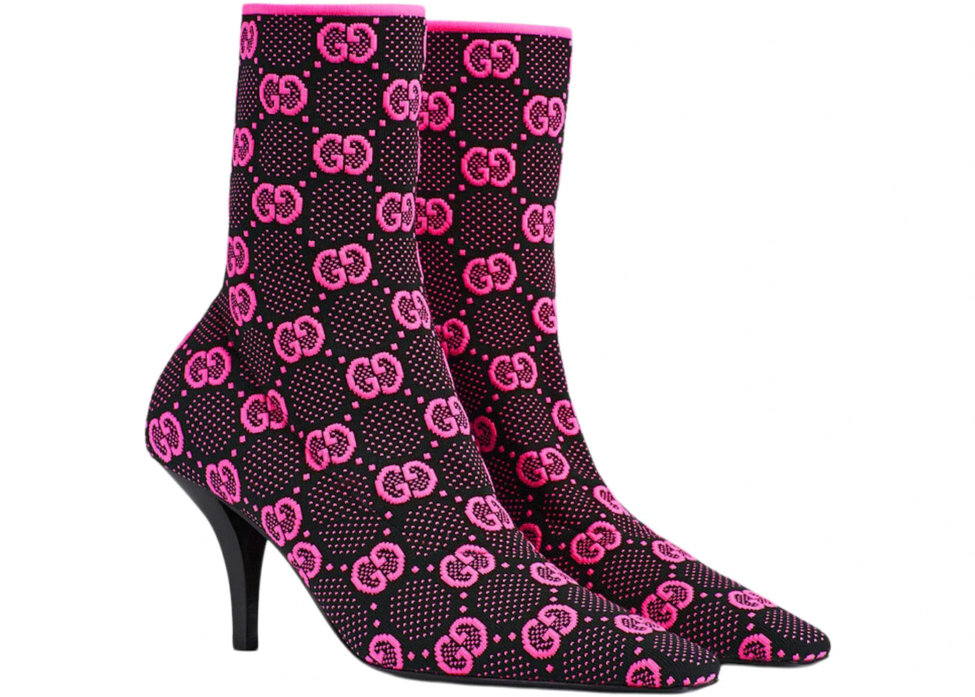 gucci gg 75mm knit ankle boots black fluorescent pink fabric