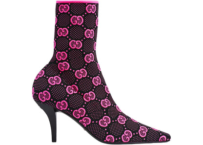 Gucci Gg 75Mm Knit Ankle Boots Black Fluorescent Pink Fabric