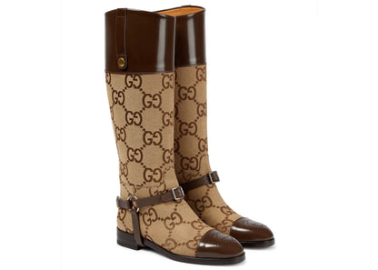 Gucci Gg Round Toe Knee-High Boots Beige Brown Womens