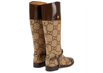 Gucci Gg Round Toe Knee-High Boots Beige Brown Womens