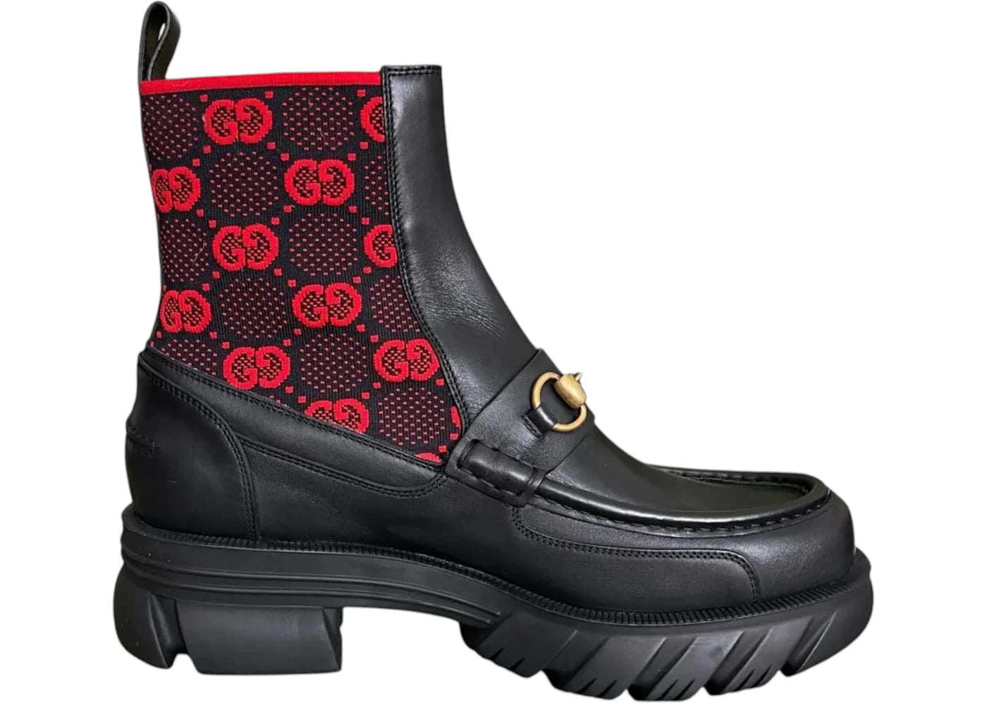 gucci monogram leather chelsea boot black red