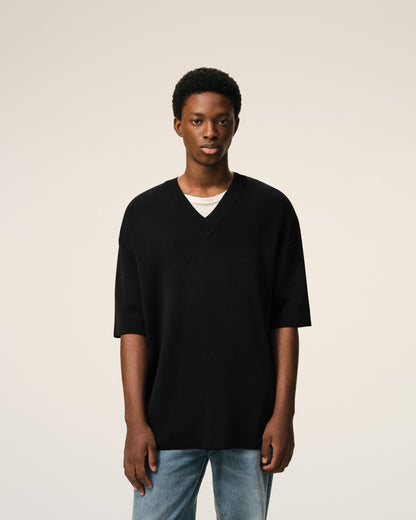 AmiParis Black Wool Short Sleeves V Neck Sweater