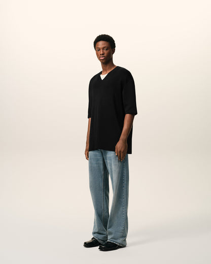 AmiParis Black Wool Short Sleeves V Neck Sweater