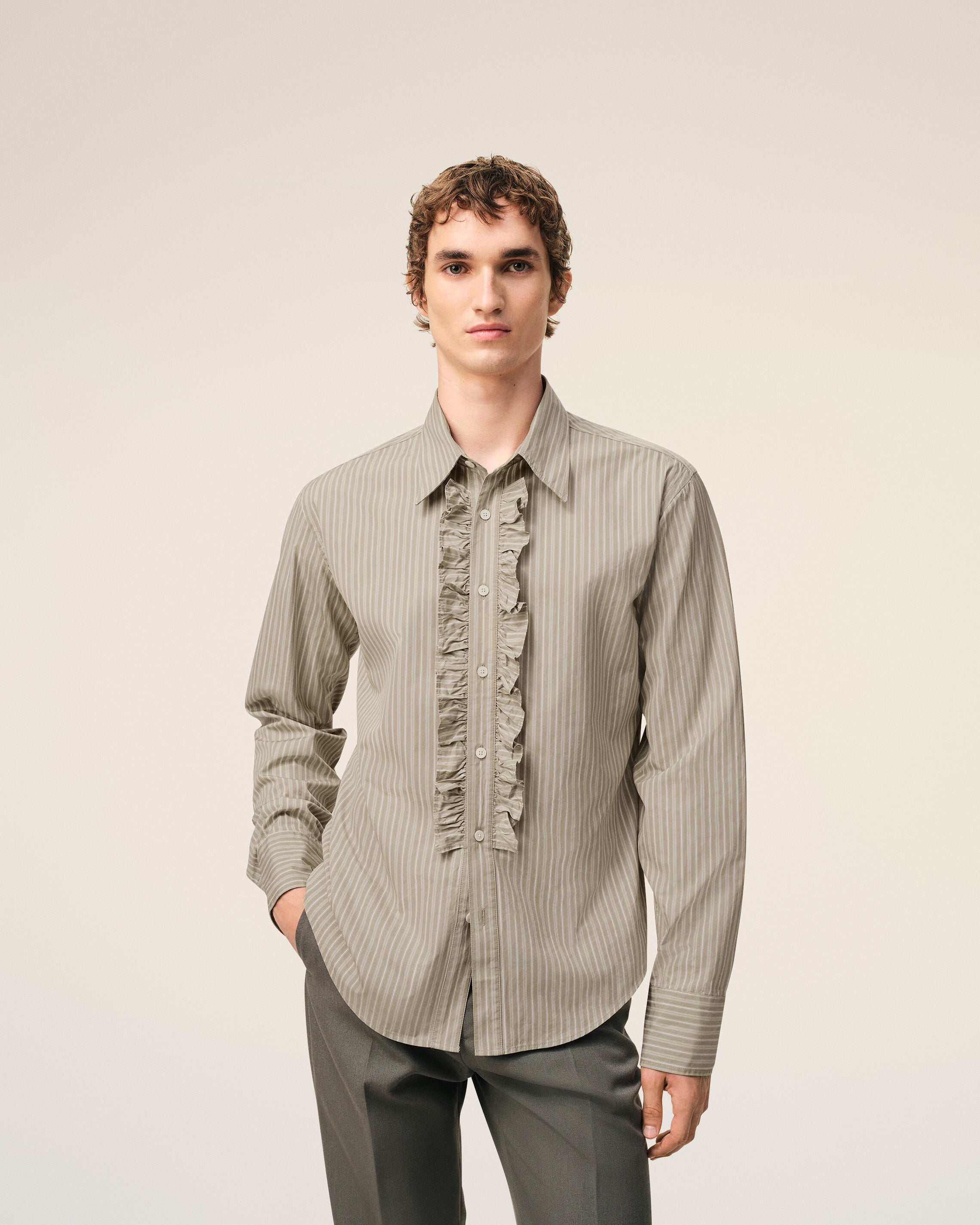 AmiParis Beige Cotton Long Sleeve Ruffled Adjusted Shirt