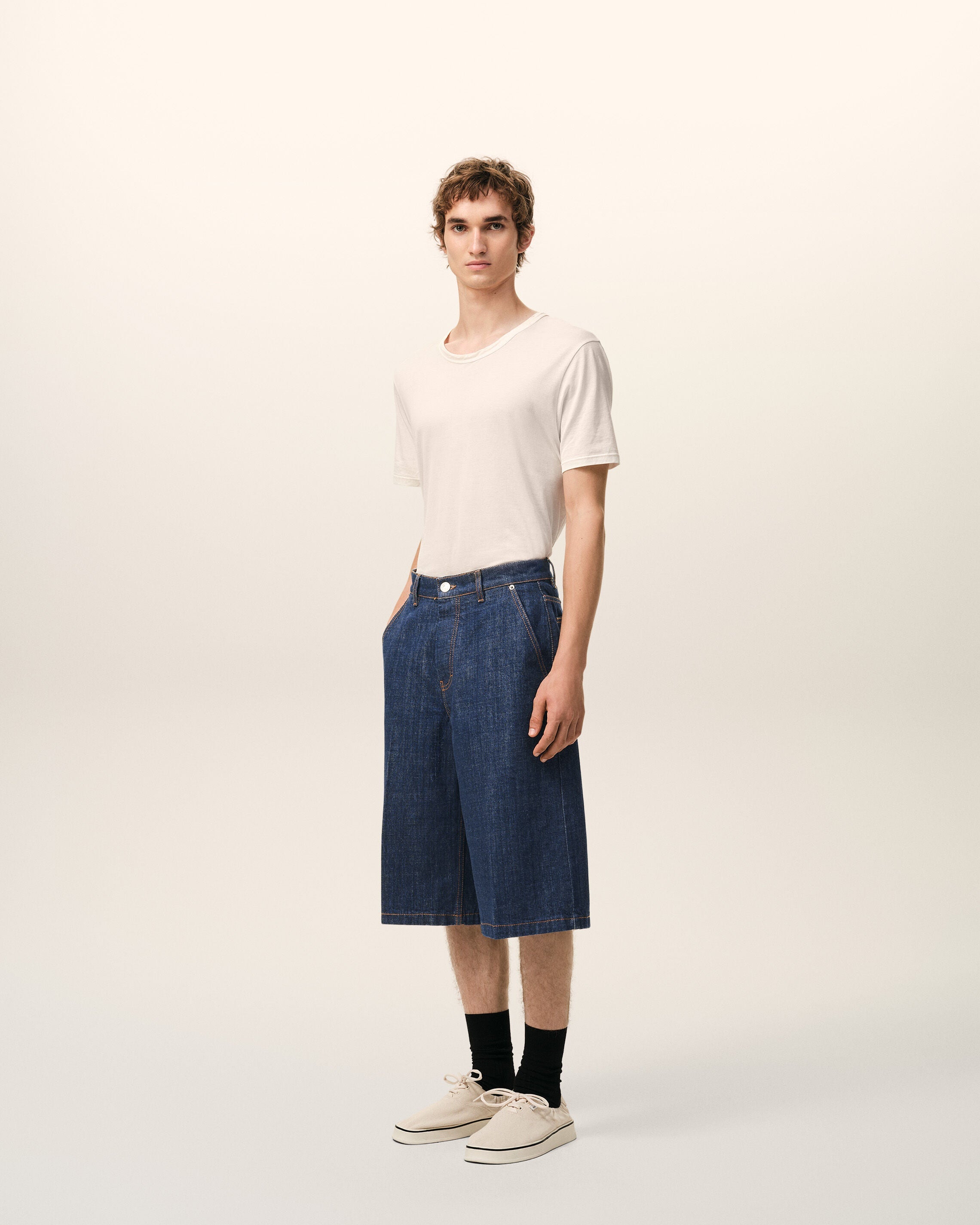 AmiParis Blue Cotton Loose Bermuda Shorts