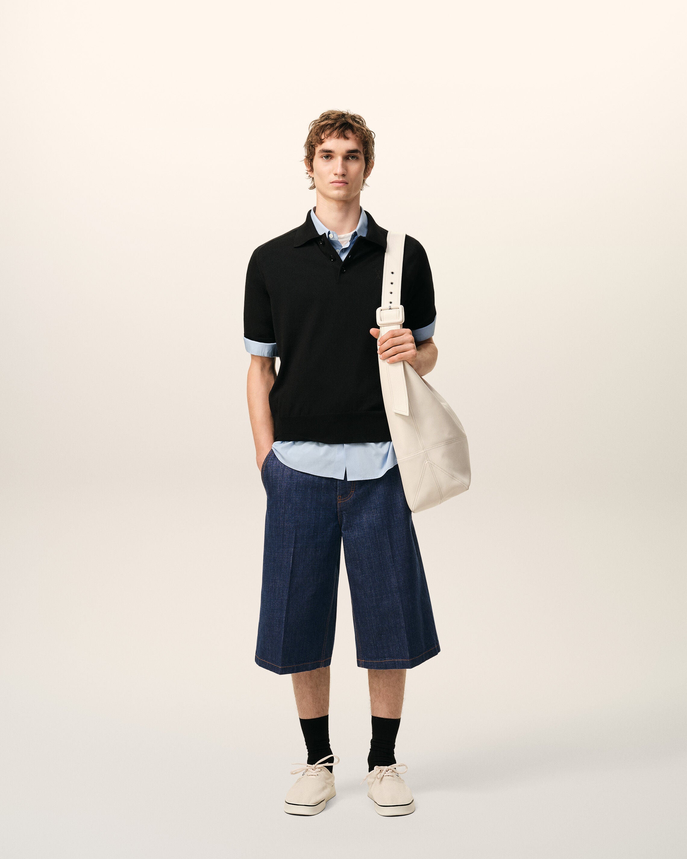 AmiParis Blue Cotton Loose Bermuda Shorts