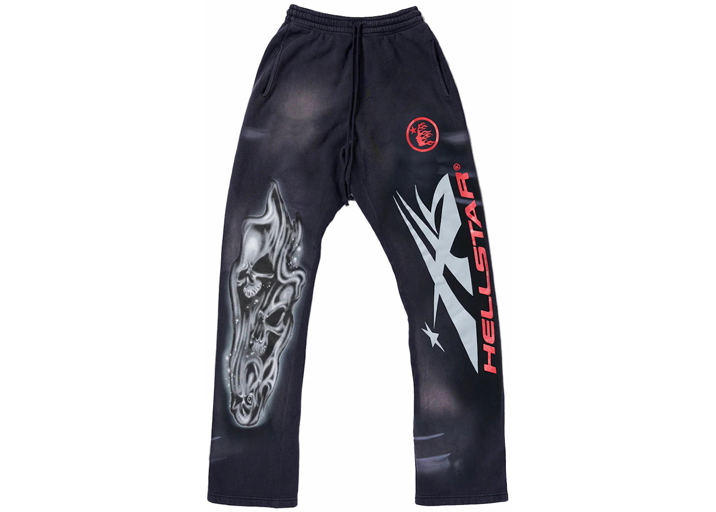 hellstar airbrushed skull flare bottom sweatpants midnight dye black
