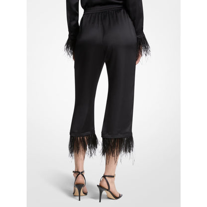 Michael Kors Feather Trim Satin Pajama Pants BLACK
