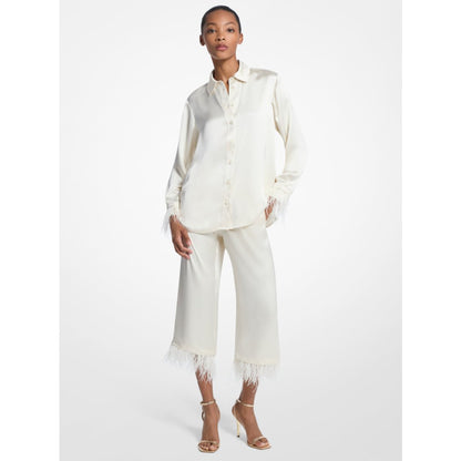 Michael Kors Feather Trim Satin Pajama Pants BONE