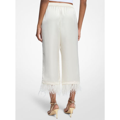 Michael Kors Feather Trim Satin Pajama Pants BONE