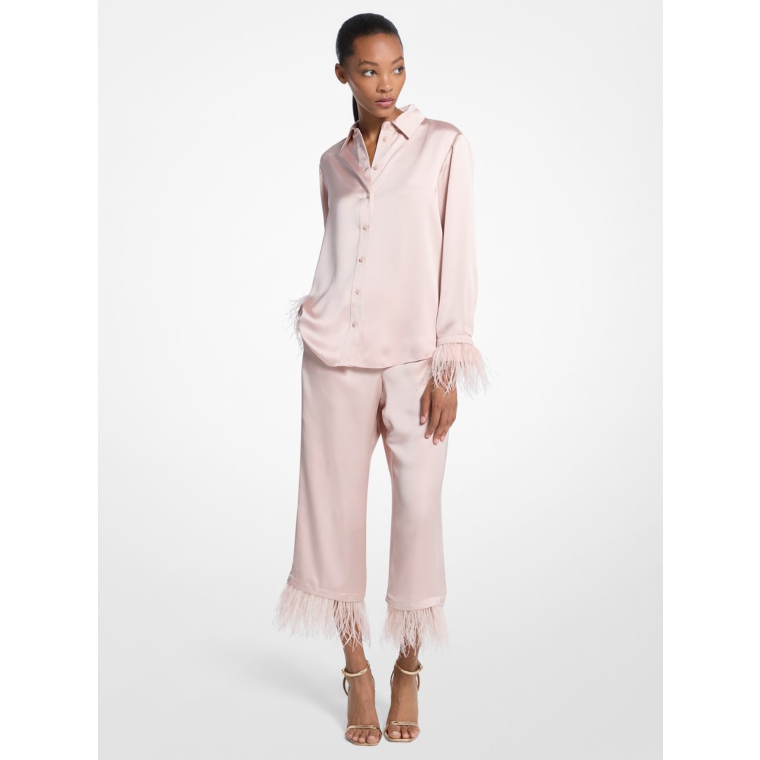 Michael Kors Feather Trim Satin Pajama Pants POWDER BLUSH