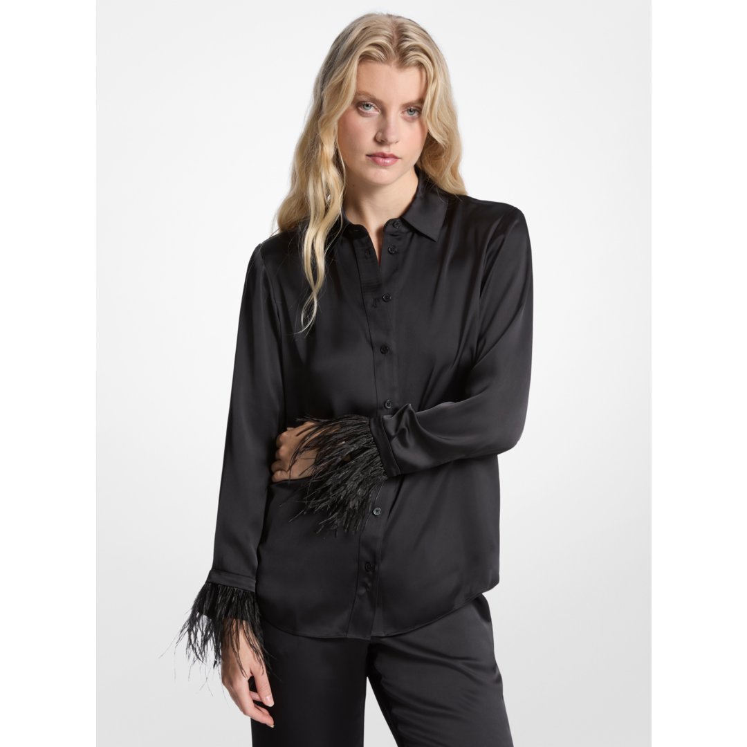 Michael Kors Feather Trim Satin Pajama Shirt BLACK