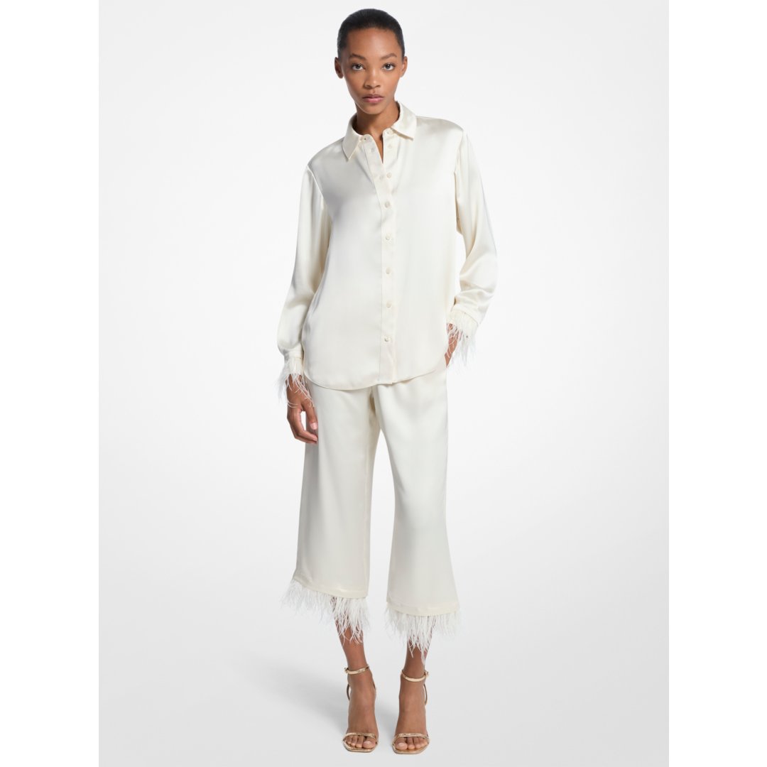 Michael Kors Feather Trim Satin Pajama Shirt BONE