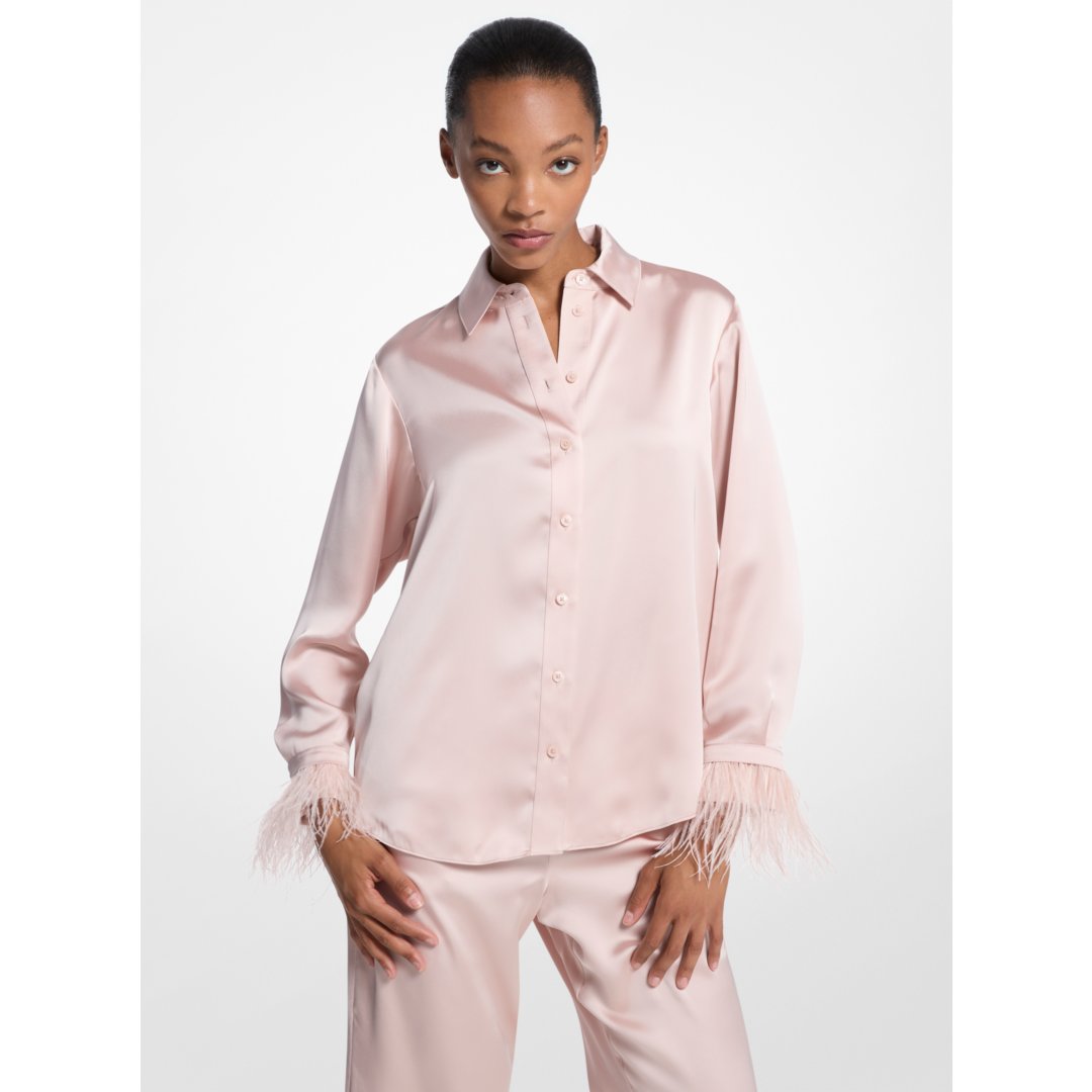 Michael Kors Feather Trim Satin Pajama Shirt POWDER BLUSH
