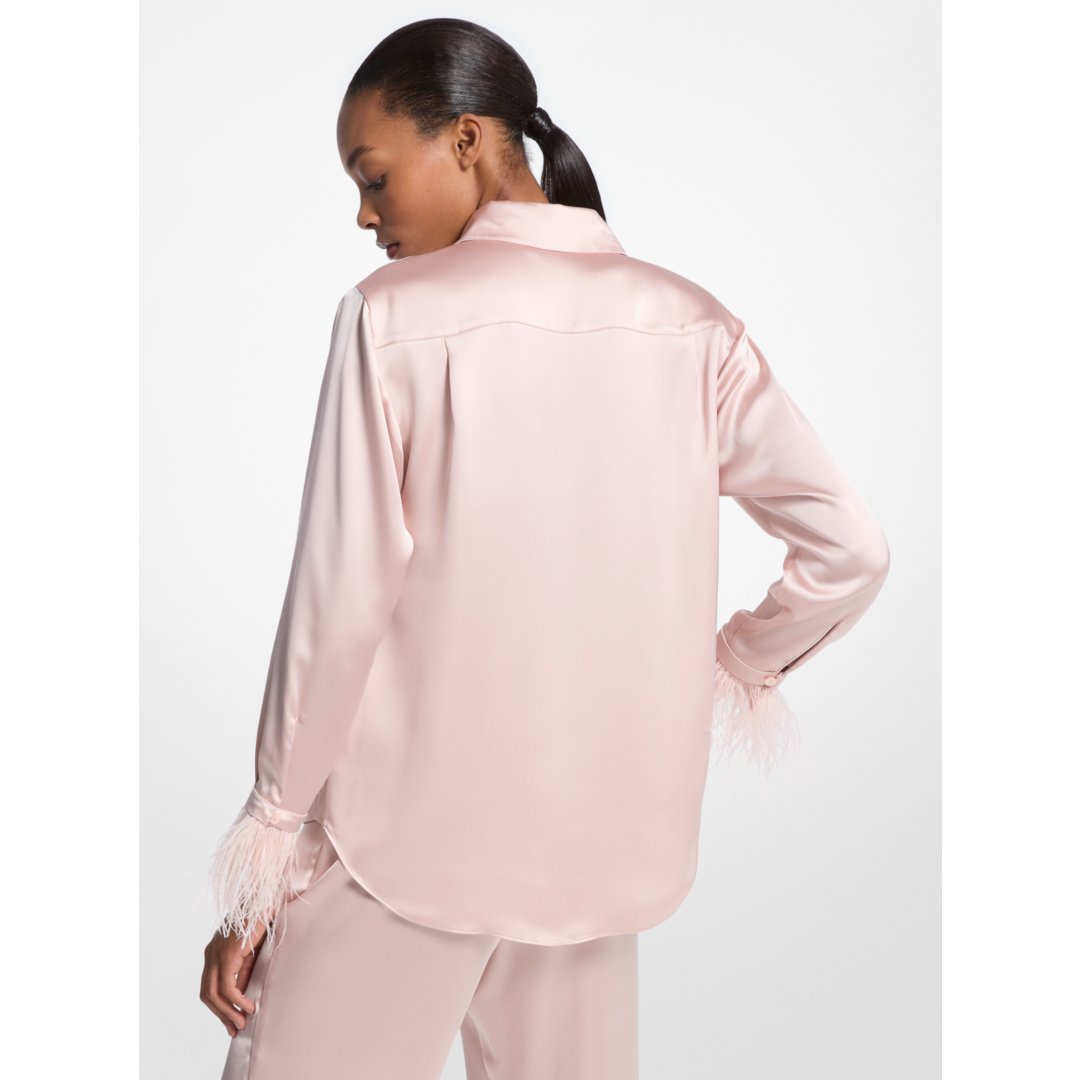 Michael Kors Feather Trim Satin Pajama Shirt POWDER BLUSH