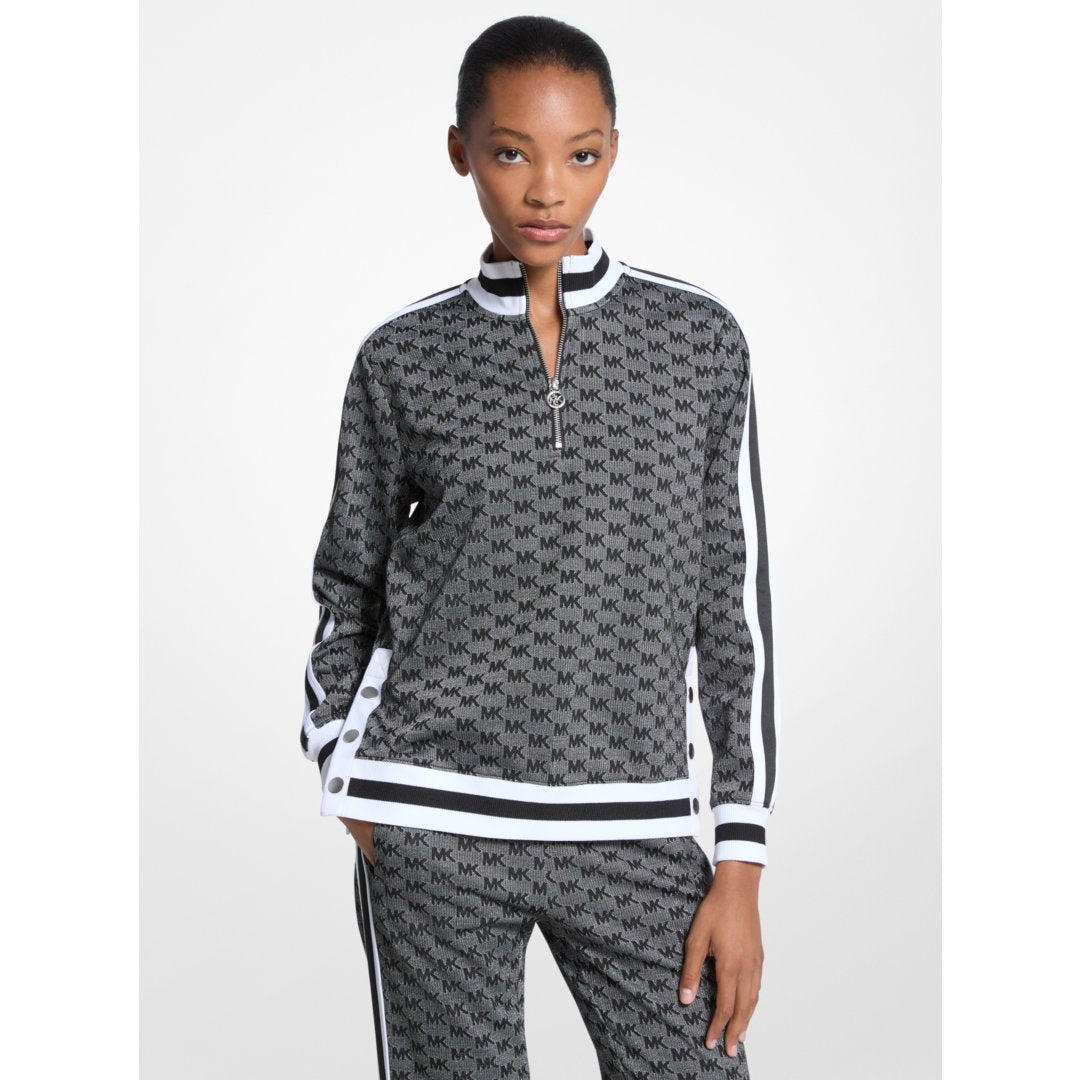 Michael Kors Logo Print Metallic Stretch Knit Half-Zip Jacket BLACK/SILVER
