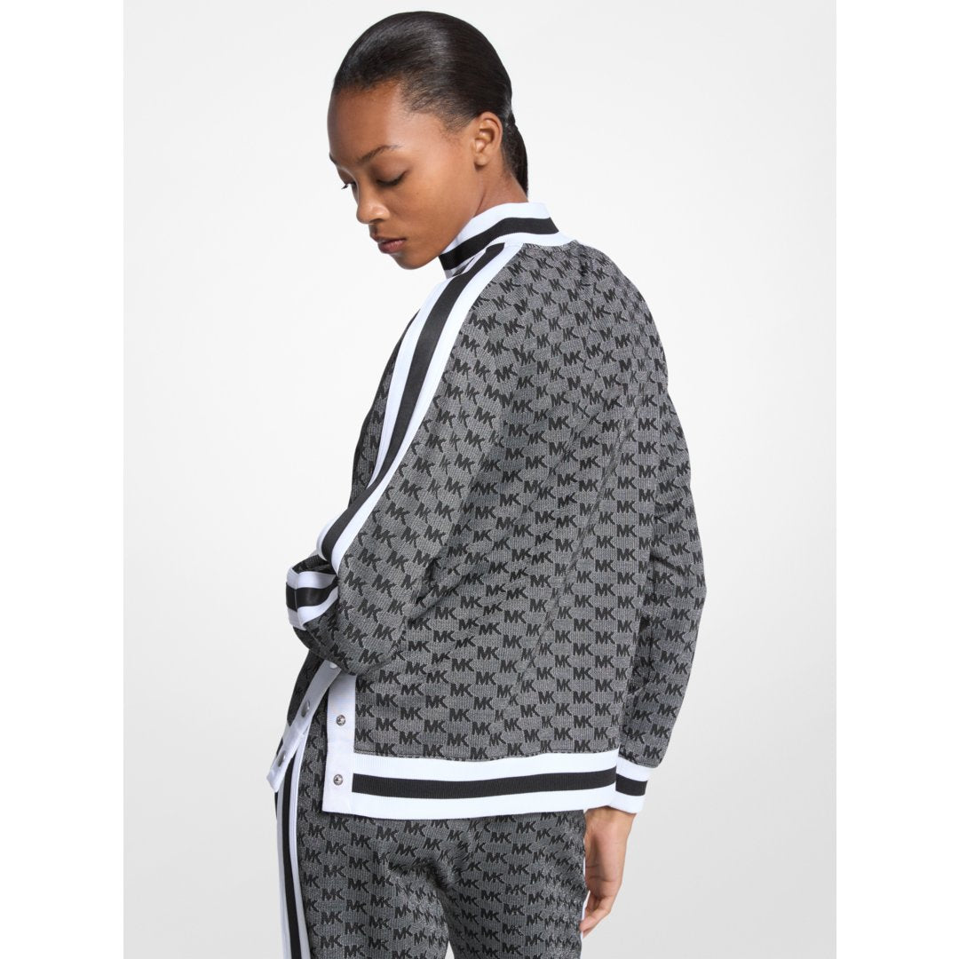 Michael Kors Logo Print Metallic Stretch Knit Half-Zip Jacket BLACK/SILVER