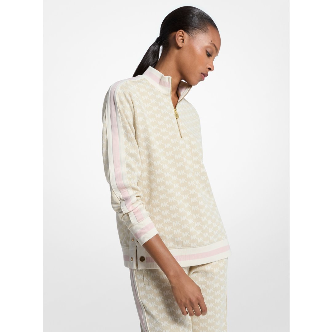 Michael Kors Logo Print Metallic Stretch Knit Half-Zip Jacket BONE/GOLD