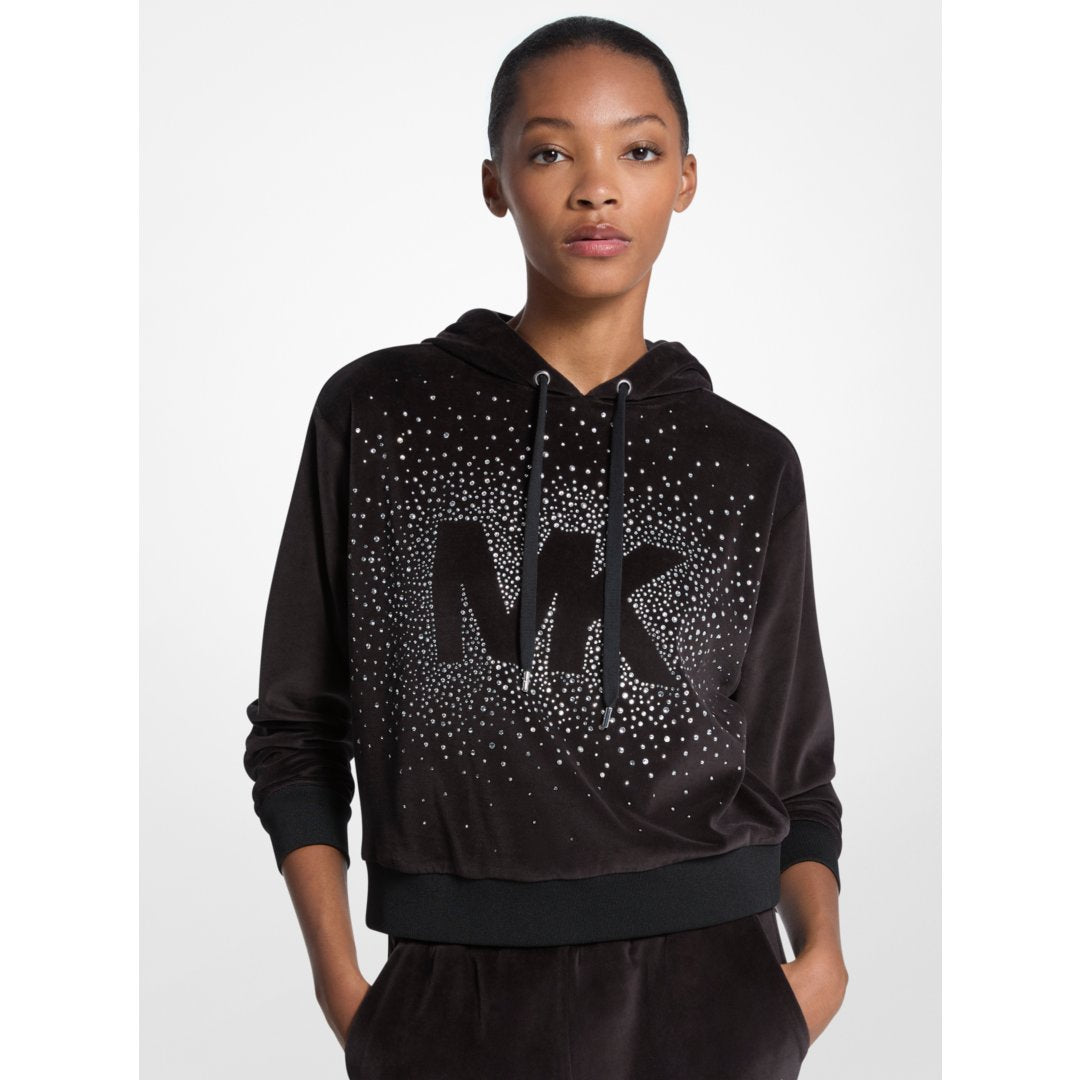 Michael Kors Embellished Logo Velour Hoodie BLACK
